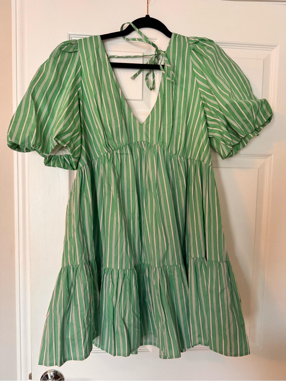 Green Striped Mini Dress with Puff Sleeves